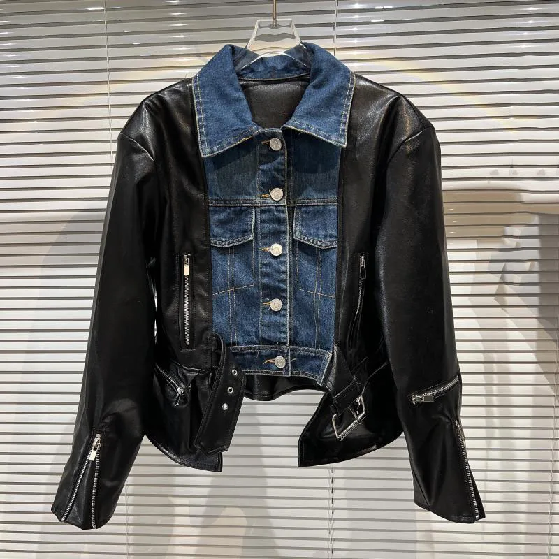 

SeeBeautiful PU Leather Stitching Denim Loose Jacket Coat Lapel Long Sleeve Single Breasted Women Winter 2021 New Fashion Q145