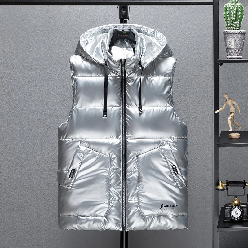 

2021 New Bright Hooded Vest Men Casual Thicken Winter Waterproof Warm Sleeveless Coat Hat Detachable M-6XL
