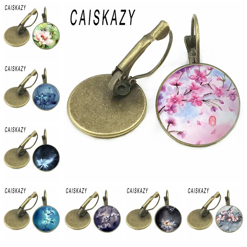 Женские серьги гвоздики в форме цветка лотоса бронзовые с кристаллами