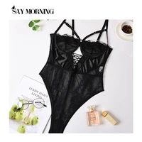 say morning lace sexy mesh bodysuit women bodycon body backless cut out female sleeveless overalls see through fashion rompers