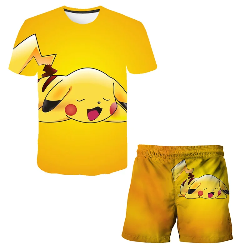 

Pikachu 2 Pcs Tshirts+Pants 3D print PokÃ©mon graphics summer BoyGirls Clothes Suits Children Shorts Short Sleeve Beach Shorts