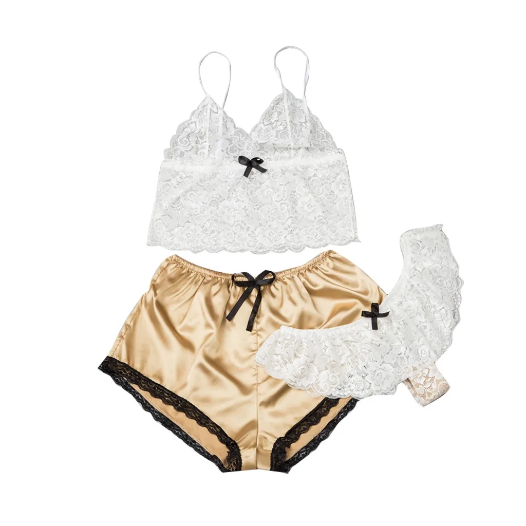 Шелковые пижамы сексуальное атласное нижнее белье кружевные шорты набор женское