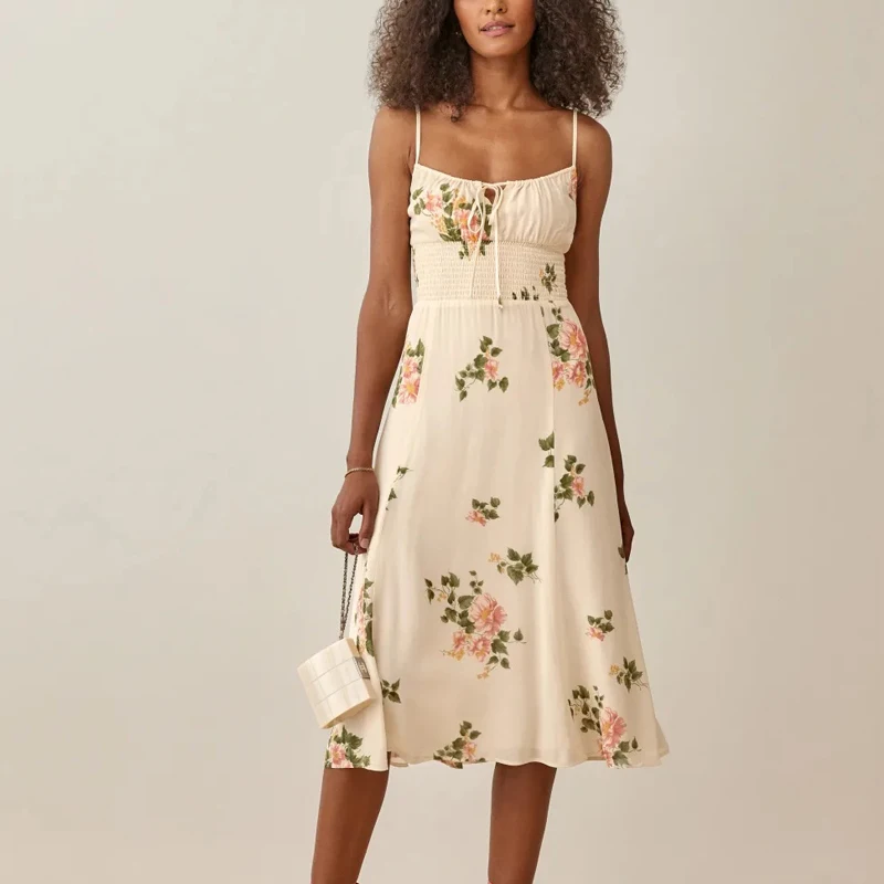 

Summer Women's Casual Flower Printed Bowknot Decorated Slim Sling Dress
