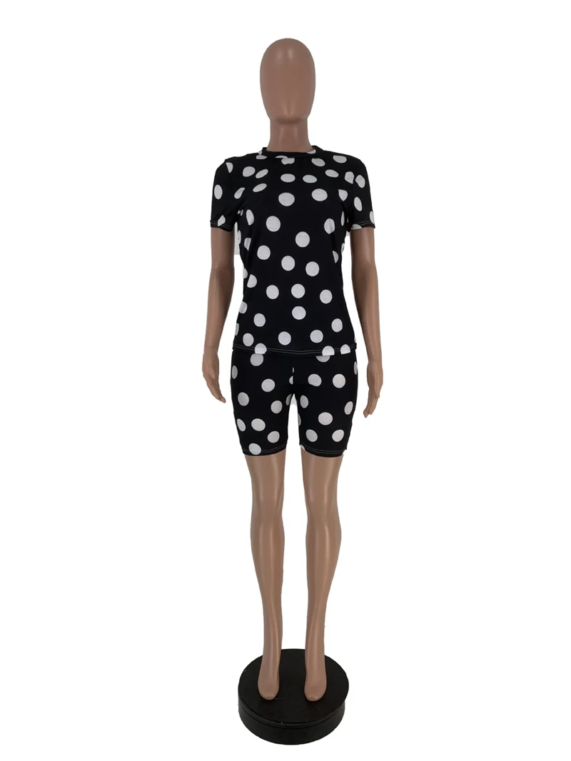 Adogirl Polka Dots Print Casual Two Piece Set O Neck Short Sleeve T Shirt Top + Shorts Plus Size S-3XL Women Tracksuit Clothing | Женская