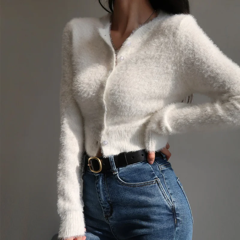 

TVVOVVIN женский зимний модный новый стильный темпераментный свитер с круглым вырезом мохеровый вязаный кардиган однотонный Повседневный Пол...