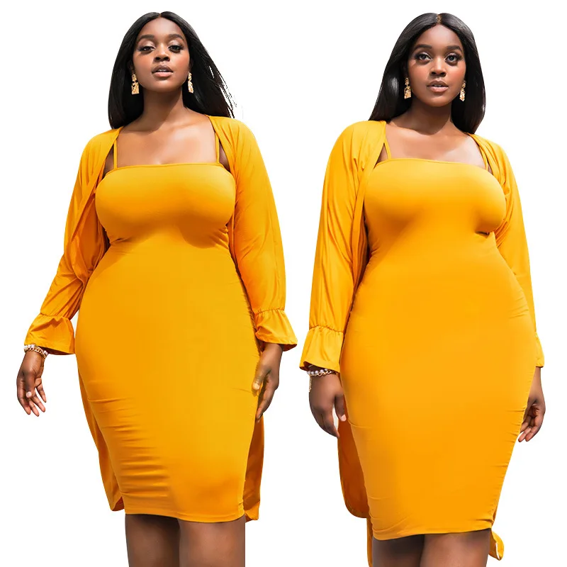 

New Autumn 2021 Women Plus Size Two Pieces Pure Color Bodycon Spaghetti Strap Dresses Full Sleeve Mid-calf Cardigan Suits