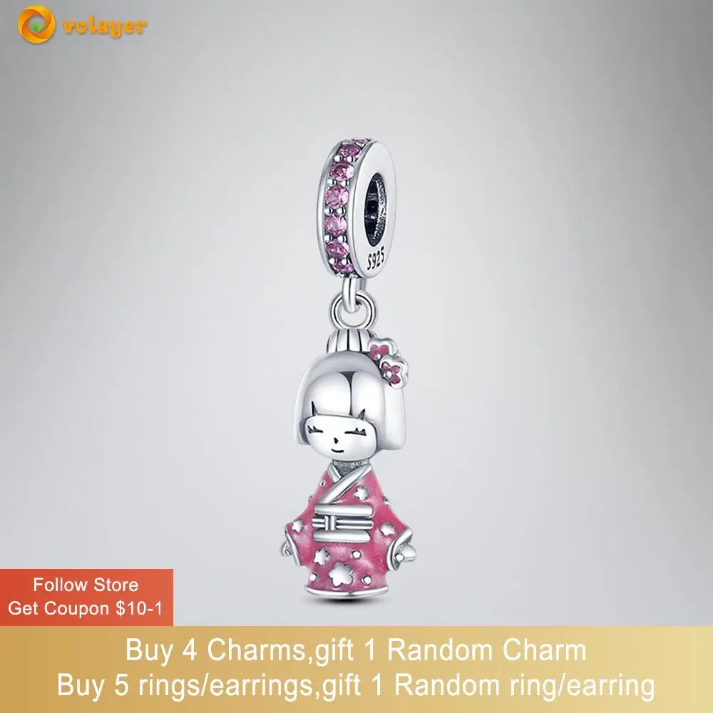 

Volayer 925 Sterling Silver Beads Pink Kimono Girl Charm fit Original Pandora Bracelets for Women Jewelry Making Gift
