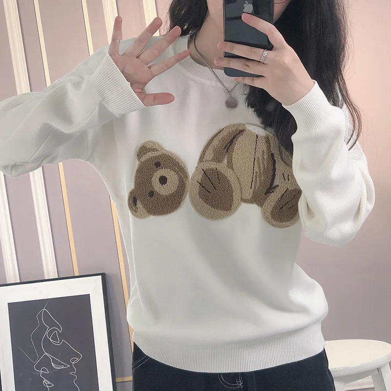 

Женский жаккардовый свитер, повседневный вязаный джемпер с потертостями и изображением медведя, осень 2021