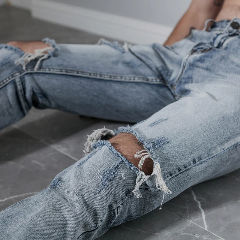 

Europe and The United States High Street Network Red Big Hole Heavy Washing Damage Beggar Jeans Slim Feet Pants Large Size Jeans