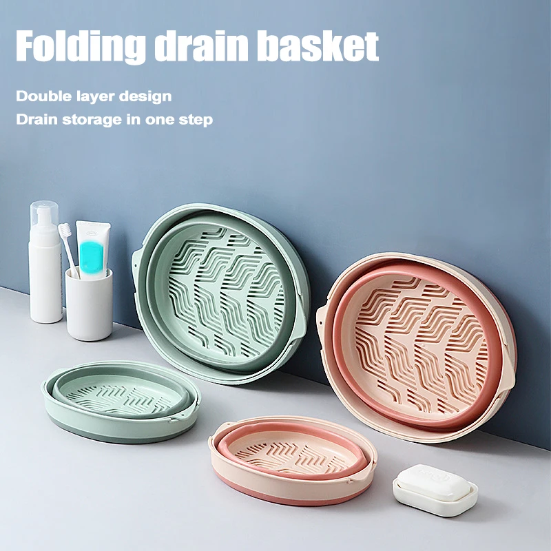 

Drain Basket Double Thicken Folding Kitchen Hollow Rice Washing Plastic Sink Fruit Basket Portable Foldable Colanders Strainer