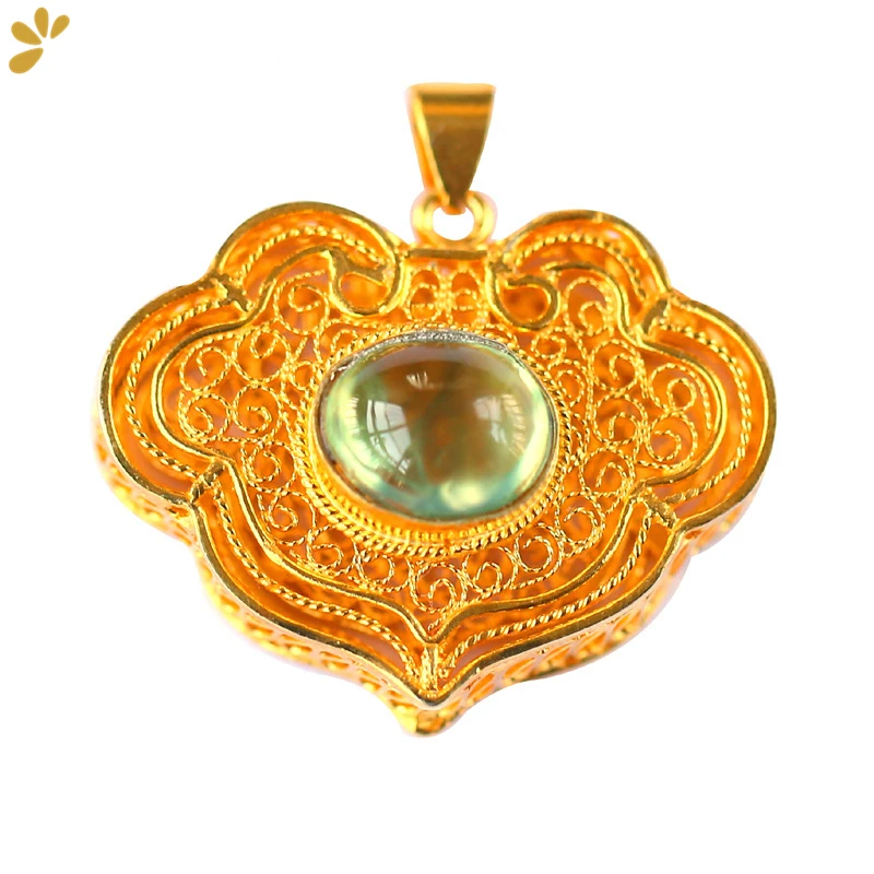 

925 Sterling Silver Prehnite Gemstone Gold Plated Ruyi Pendant Fine Jewelry Women Gift Vintage Necklace Pendants Without Chain