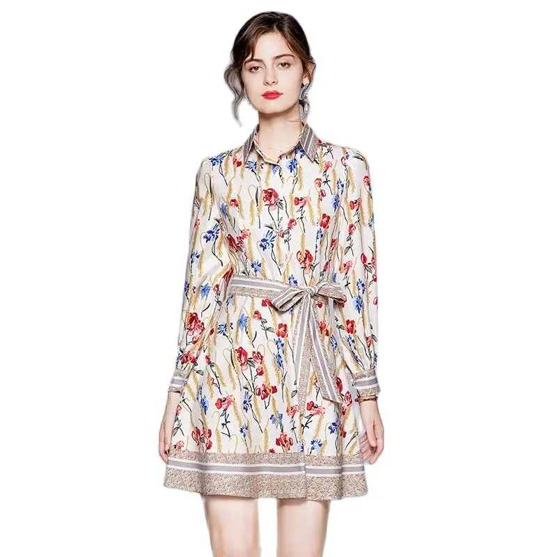 

Fashion All Match Slim Printed Dress With Belt Long Sleeves Lapel Single Breasted Womens Clothing