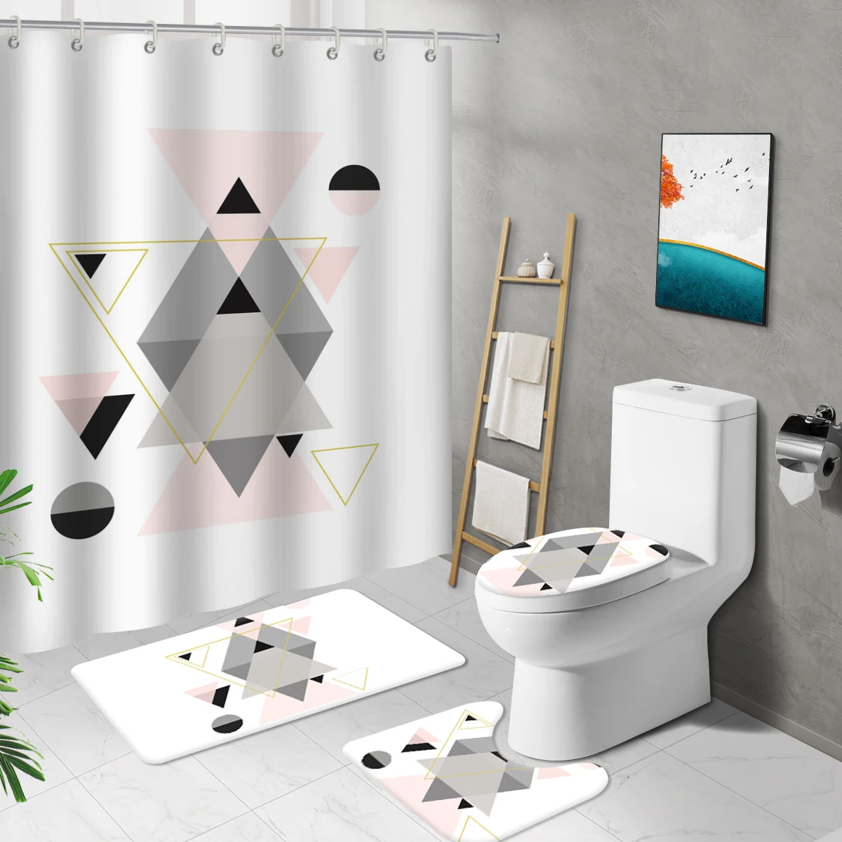 Simple Rhombus Printed Long Shower Curtain Bathroom Accessories Set Mat Set Toilet Cover Non-Slip Bath Rug Waterproof with Hooks