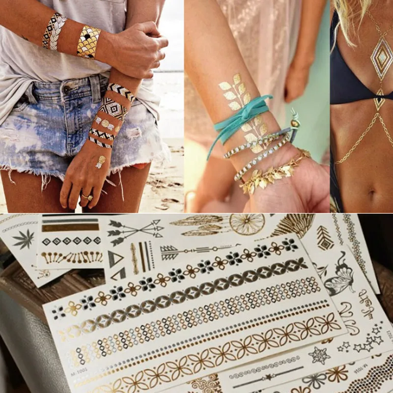 

1 шт. наклейка с татуировкой в богемском стиле, золотой браслет, металлик, серебряный, с отверстиями, временное тело, грудь, лицо, глаза, окраш...