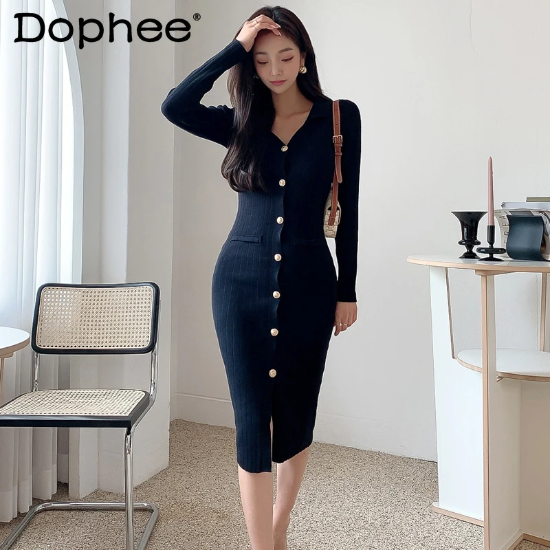 

Женское трикотажное платье-свитер средней длины, Элегантное однобортное платье-свитер с длинным рукавом и зауженной талией в Корейском сти...