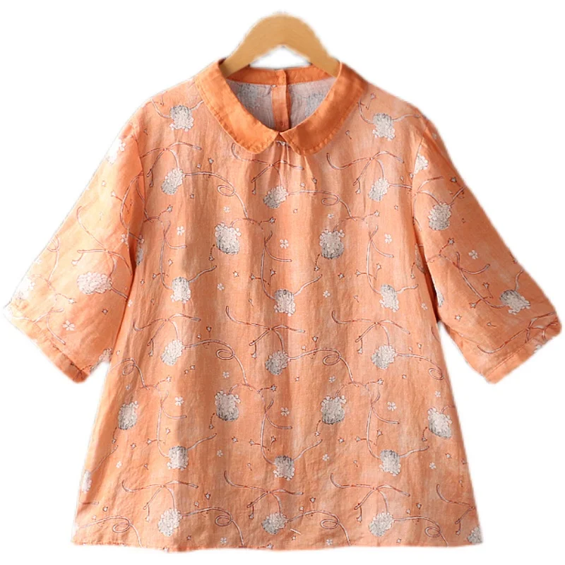 

Summer new Floral Ramie Top Short Sleeve Casual Daily Wear Tops Female