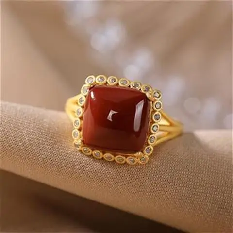 

S925 Sterling Silver Upscale Personality Natural South Red Agate High-End Elegant Women's Retro Opening Gilding Craft Ring