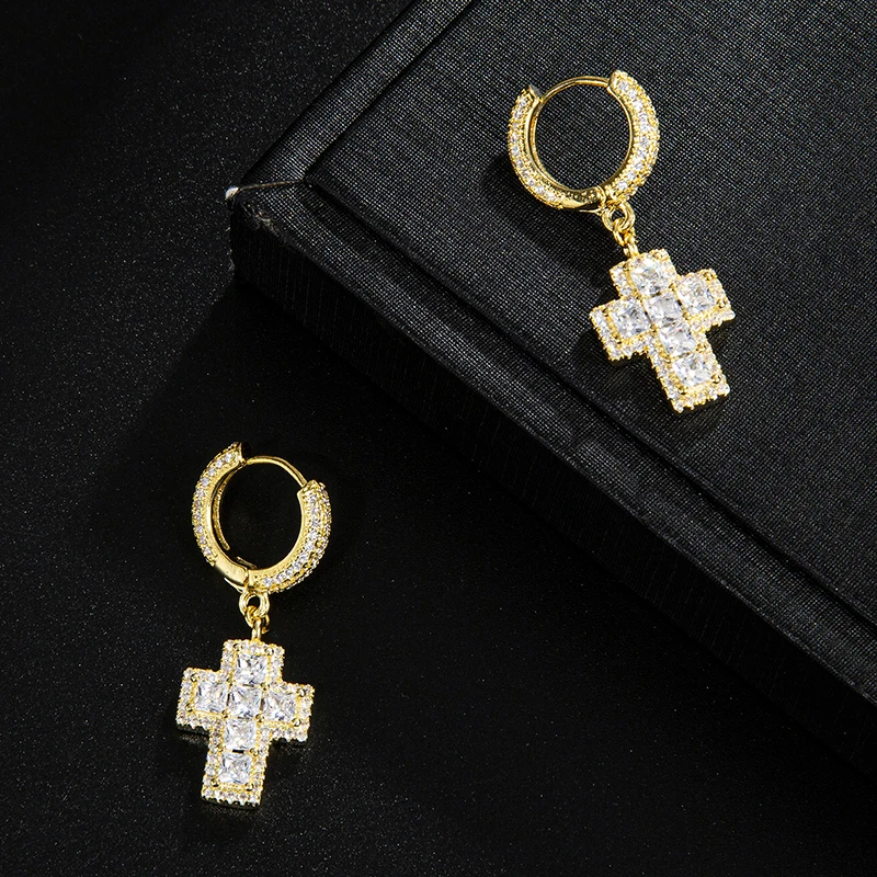 Хип-хоп 1 пара ледяной багет циркон крест свисающие Висячие серьги-гвоздики
