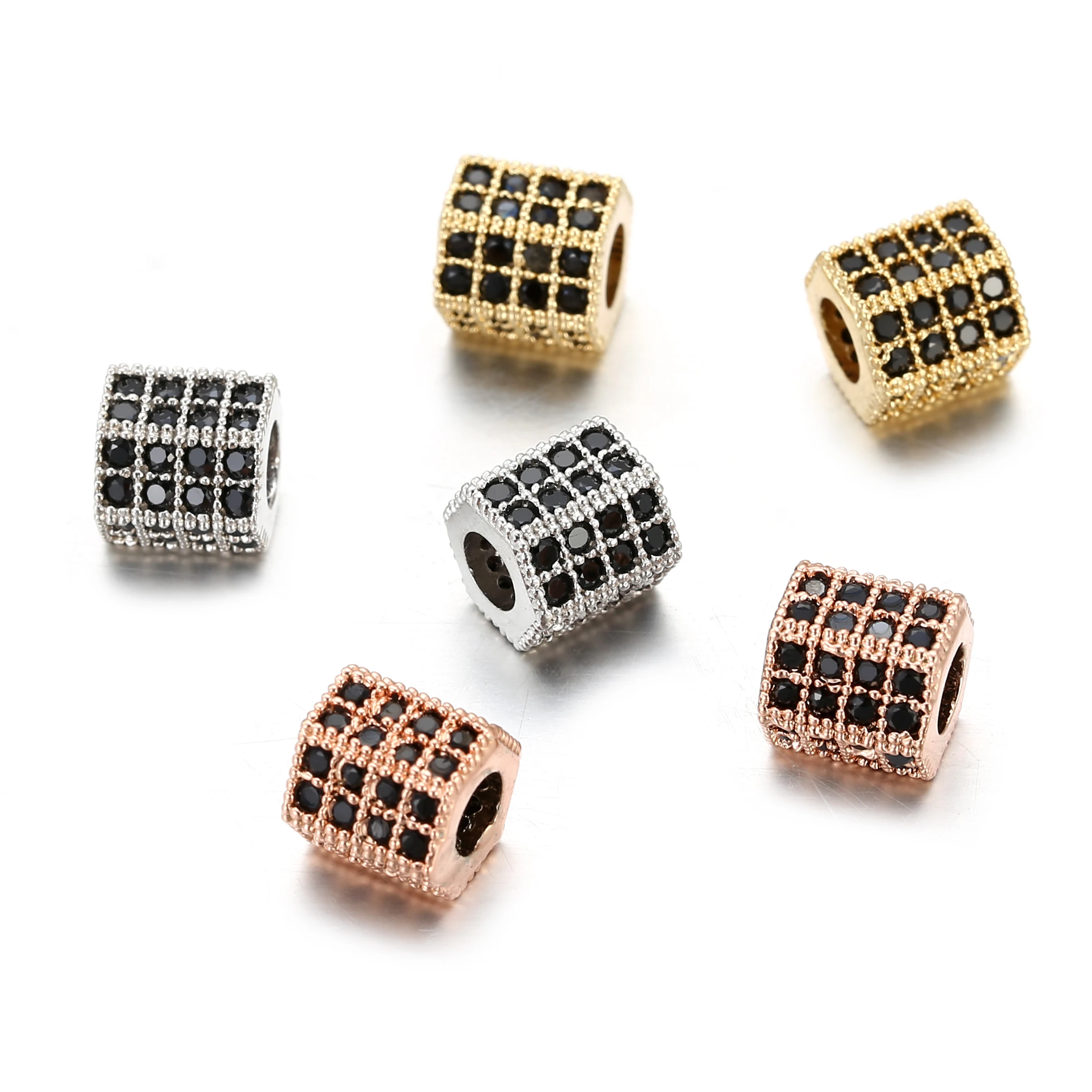 Медные шестигранные черные бусины с фианитами для изготовления браслетов
