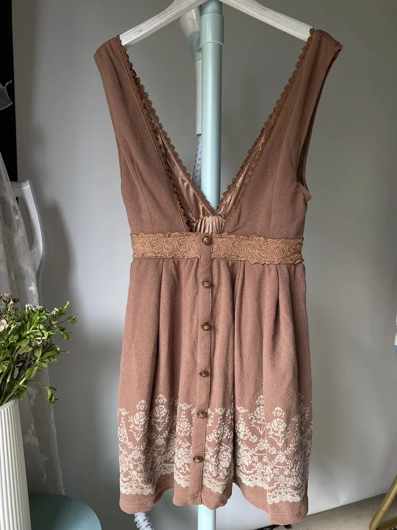 

Japan Liz Suspenders Skirt Dress Flocking Lace Trim High Waist Mini V Neck Floral Print Dresses