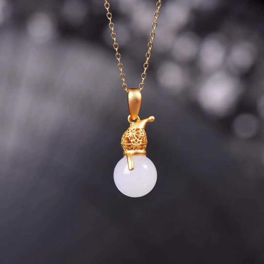 

Natural 925 silver inlaid Hetian jade gourd pendant