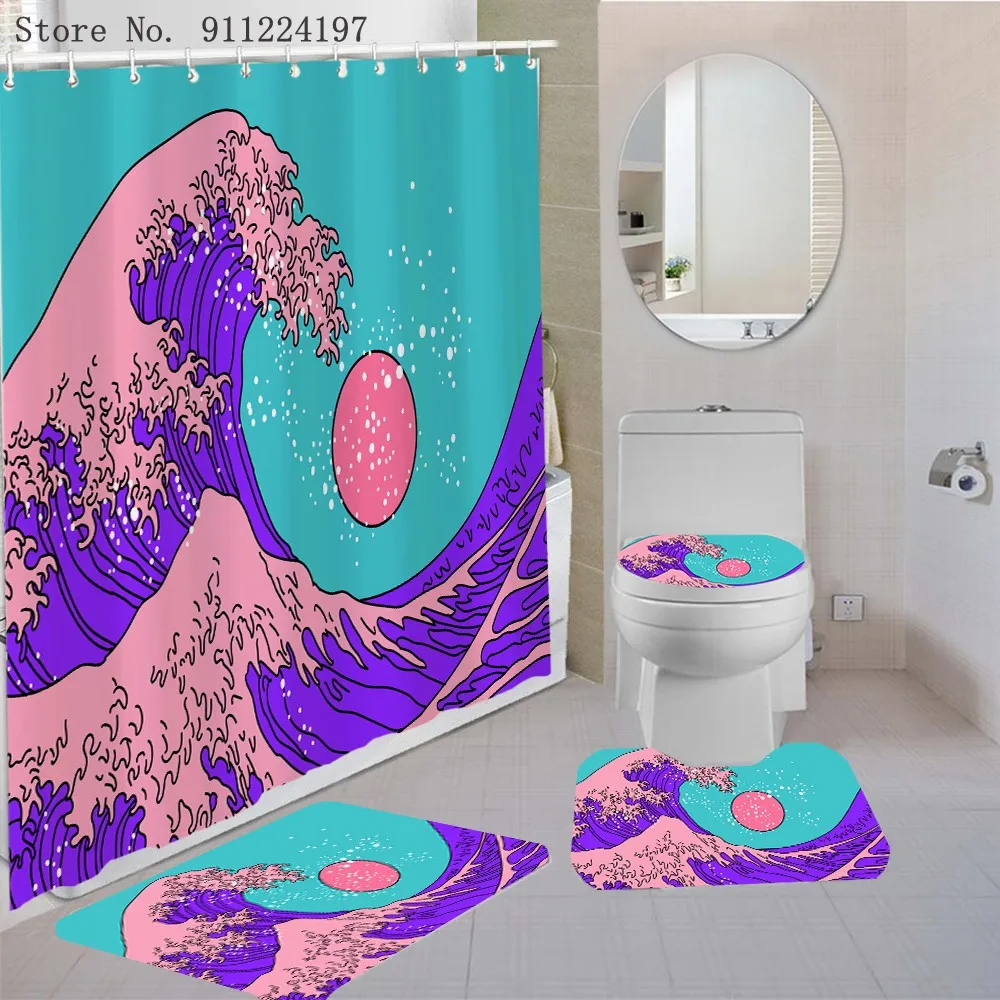 

3/4 Pieces Sea Wave Shower Curtains Sets Chinese Style Carpet Toilet 3D Print Koi Fish Bathroom Mat Adults Kids Shower Curtain