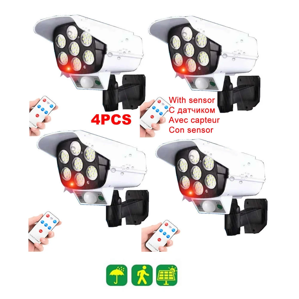 

4pcs remote solar fake monitor dummy camera Wall Lamp PIR Motion Sensor Light Outdoor Waterproof Garden Courtyard Street Lights