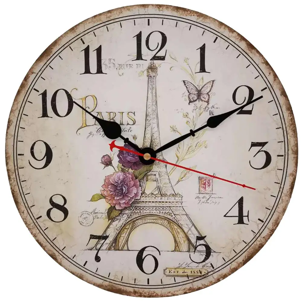 Ретро деревянные настенные часы 30 см Эйфелева башня кварцевые бесшумные