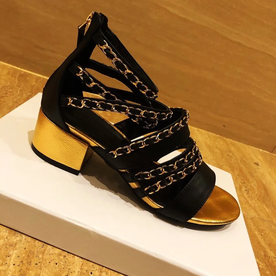 

prowow Sandals Gold Shoes Woman Chain High heel Women Shoes Genuine Leather Chain Summer Shoes Luxury