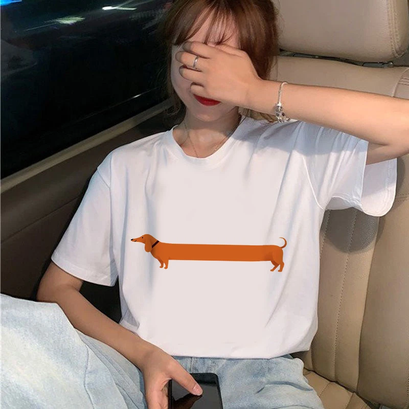 

Summer Cute Sausage Dog T-Shirt women Funny dog Graphic Tops Female Tee Harajuku Top Fashion Girl Tee Short Sleeve White Tops