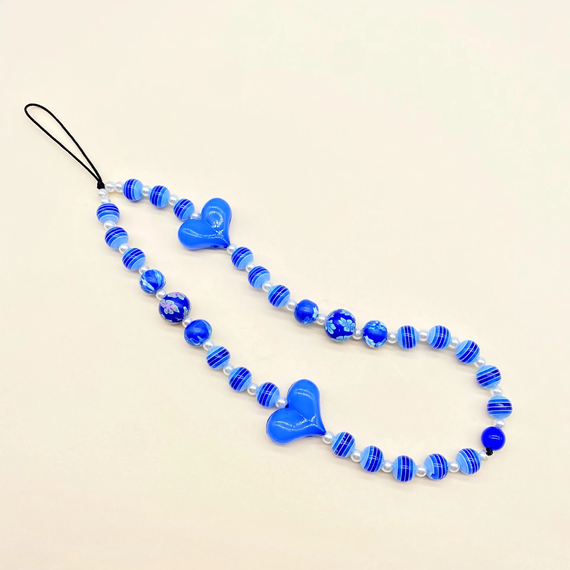 

Fashionable And Trend Blue Love Heart-Shaped Striped Beads Mobile Phone Chain Women's Anti-Lost Lanyard Jewelry Accessories Gift