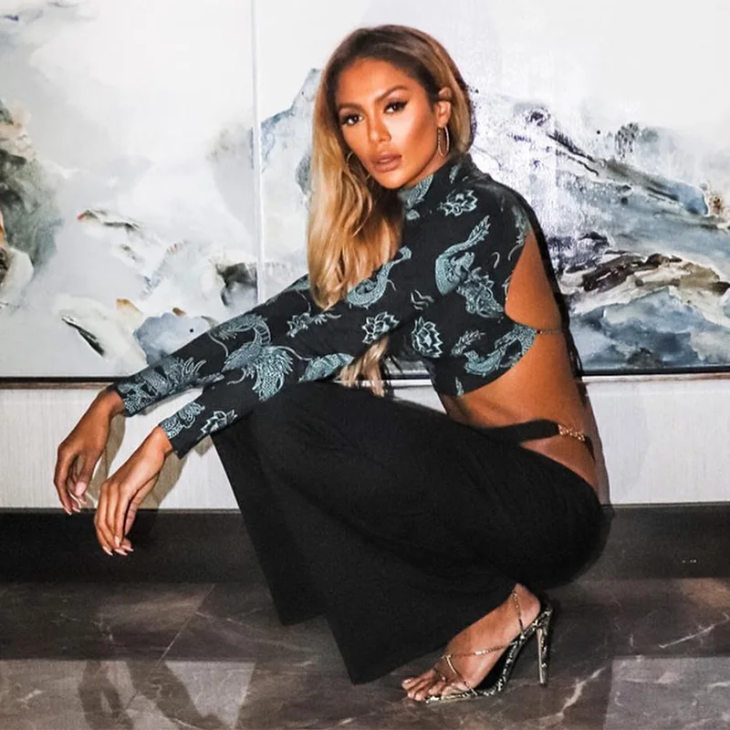 Женская футболка с длинным рукавом облегающий укороченный топ принтом и высоким