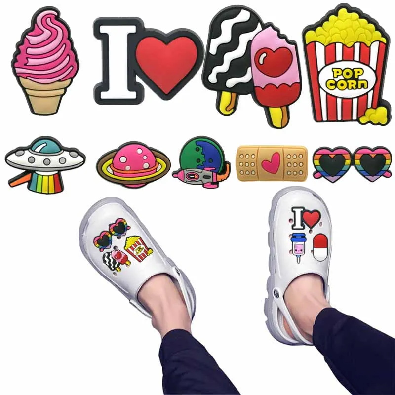 

10pcs Original UFO Spaceship PVC Shoe Charms Popcorn Ice Cream Shoe Decorations Medical Syringe Accessories Ornament Kid Gift