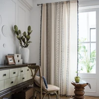 cotton and linen printed black tassel bohemian living room curtain custom bay window shading decoration curtains