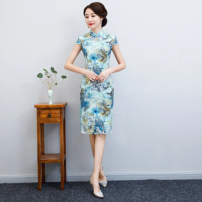 Китайский Стиль вечернее платье пикантное Чонсам Винтаж принт из сатина с