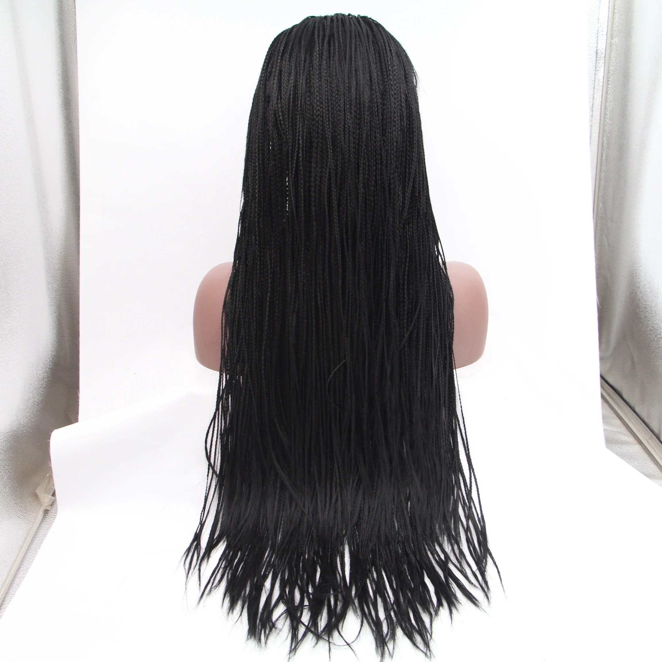 

Synthetic Jet Black Twist Braided Wig With Natural Hairline 13x4 Lace Front Wig Free Part 24 Inches Long Heat Resistant