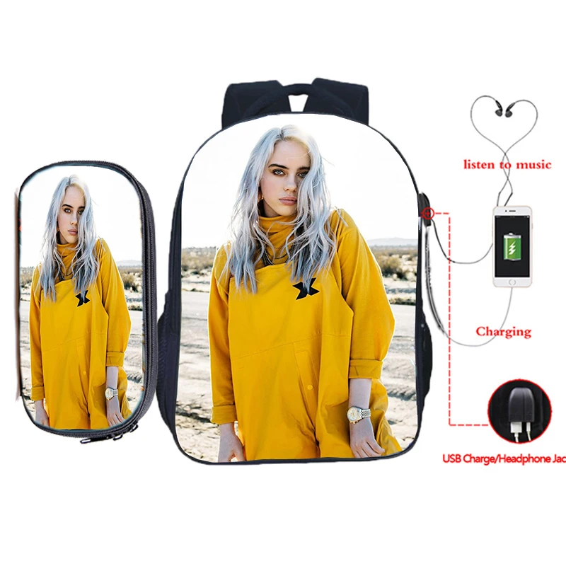 Billie Eilish рюкзак для зарядки через usb 2 шт./компл. школьная сумка для подростков мальчиков и девочек рюкзак для ноутбука пенал Дорожная сумка на плечо