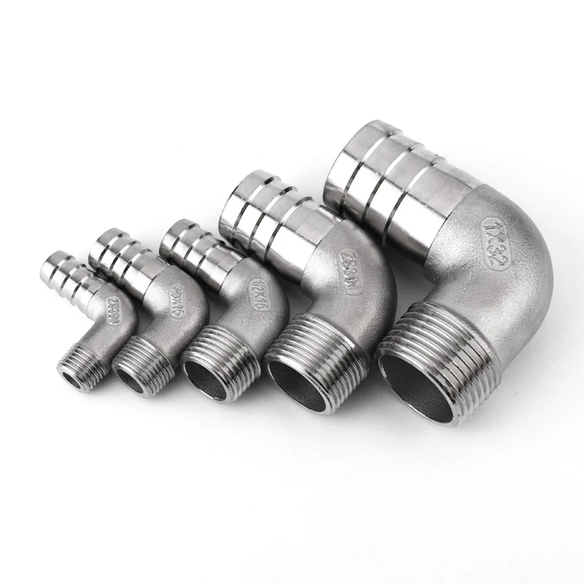 

304 Stainless Steel BSP 1/4" 3/8" 1/2" 3/4" 1" 11/4" Male Thread Fitting x 6/8/10/12/14-40mm Barb Hose Tail End Elbow Connector