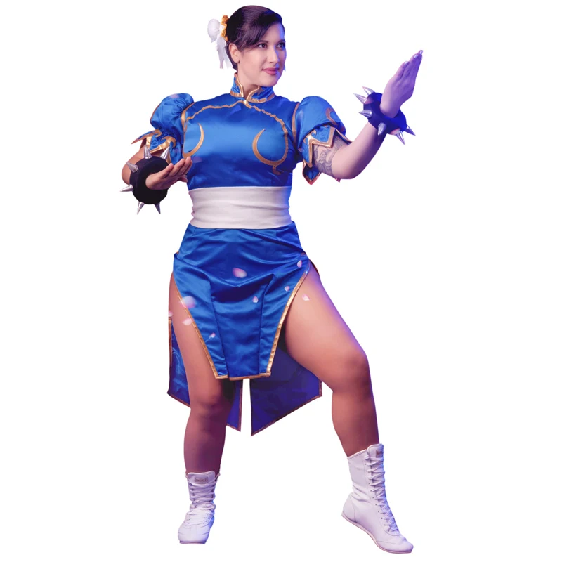 

DAZCOS Chun Li Cosplay Costume Adult Blue Cheongsam Headwear Suit Dress Summer Women's Halloween Party Costumes