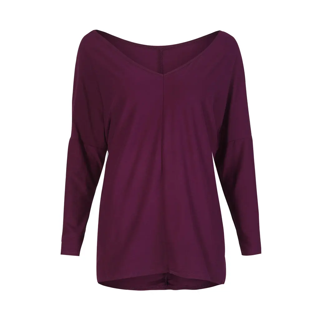 Casual Purple Khaki V Neck Women Loose T Shirt Tops Fall 2019 Fashion Long Sleeve | Женская одежда