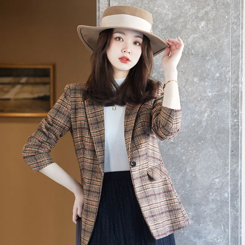 

High-quality Women's Blazer Office Plaid Suit Autumn and Winter New Temperament Casual Slim Long-sleeved Jacket Coat