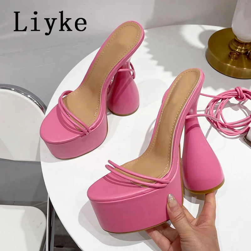 

Женские босоножки на платформе Liyke, летние розовые сандалии с открытым носком и перекрестными ремешками на щиколотке, на шнуровке, на высоко...