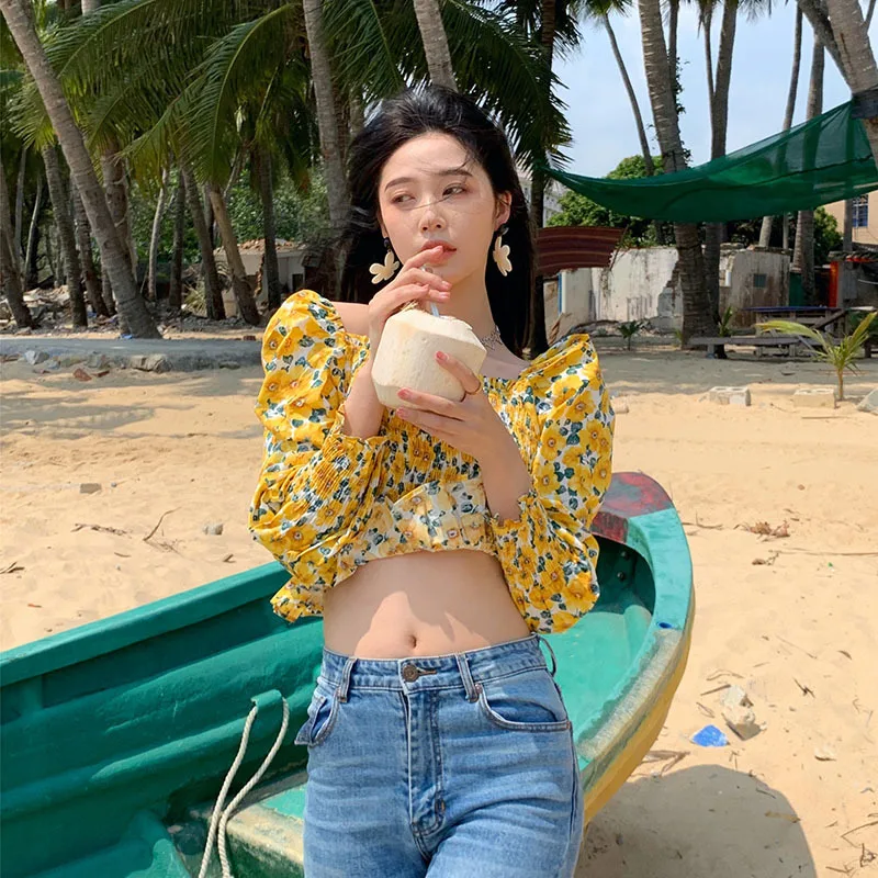 

С цветочным принтом и квадратным воротником блузки расклешенные Длинные рукава slim fit в виде листка лотоса блузка для женщин colorblock (цветовой ...