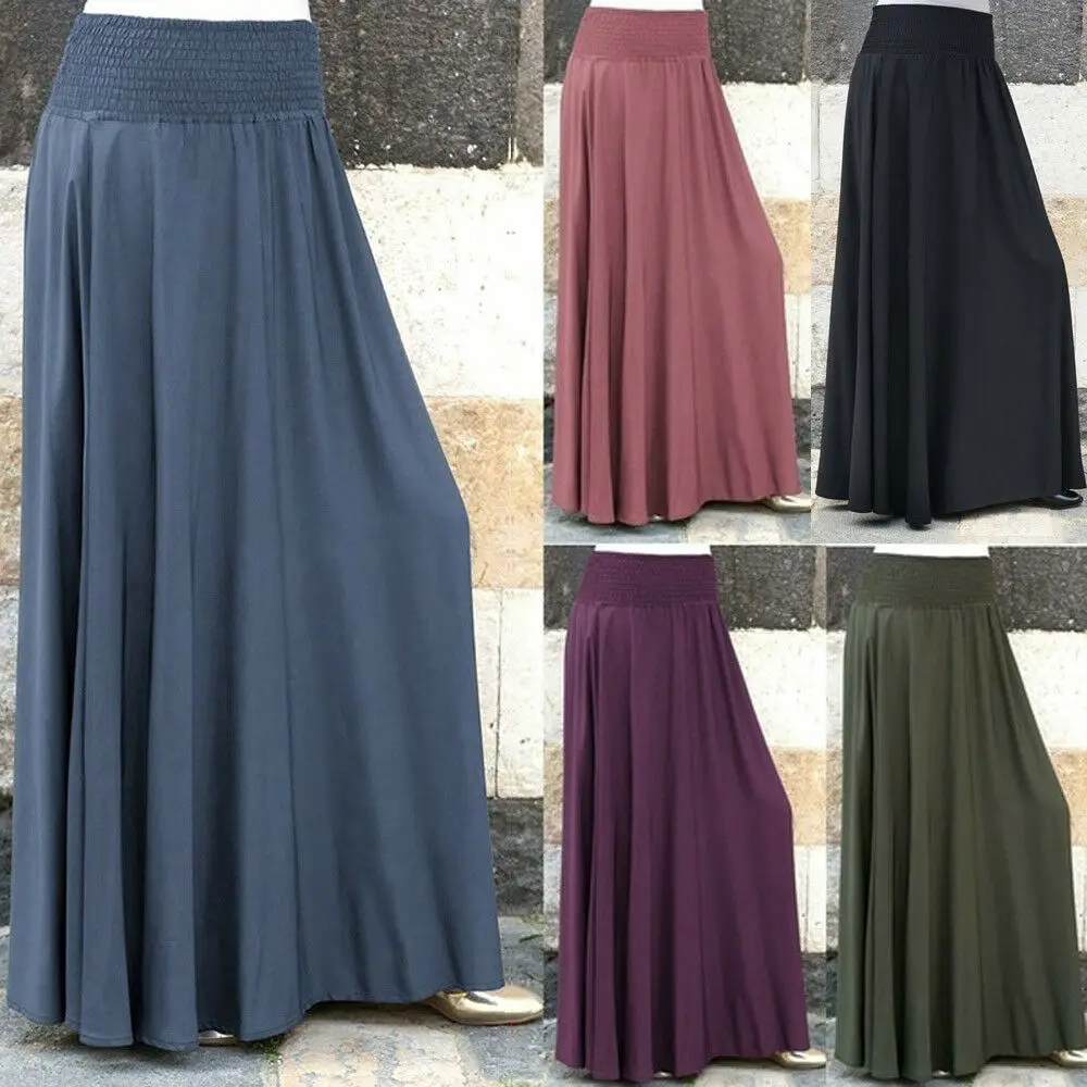 

Women Fashion Elastic Waist Pleated Skirt Vintage A-line Loose Long Skirt Swing