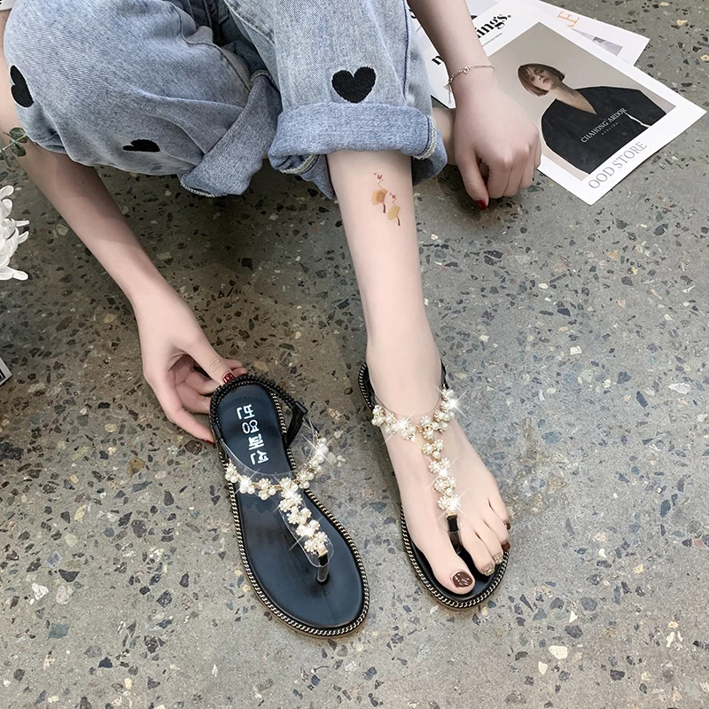 

Beach Sandal Woman Luxury Suit Female Beige Shoes Lady 2021 Flip Flops Platform Anti-Skid Summer Heels Black New Pearl Low Fashi
