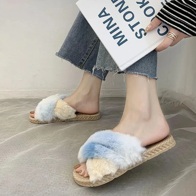 

Summer Women Fur Slippers Woman Fluffy Raccoon Fox Fur Slides Female Furry Outside Flat Flip Flop Ladies Rainbow Slip On Sandals