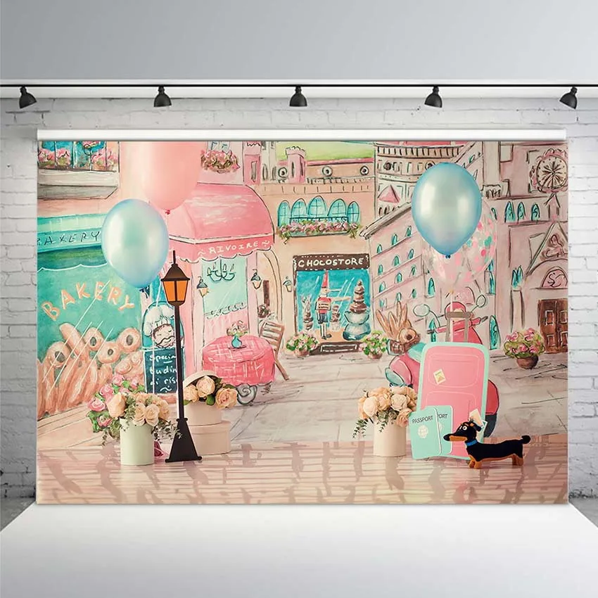 

Pink Balloons Watercolor City Shop Street Birthday Party Baby Portrait Photo Studio Background Photography Backdrop