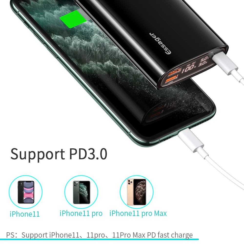 Essager внешний аккумулятор 20000 мАч светодиодный USB PD QC 3 0 Быстрая Зарядка Внешний