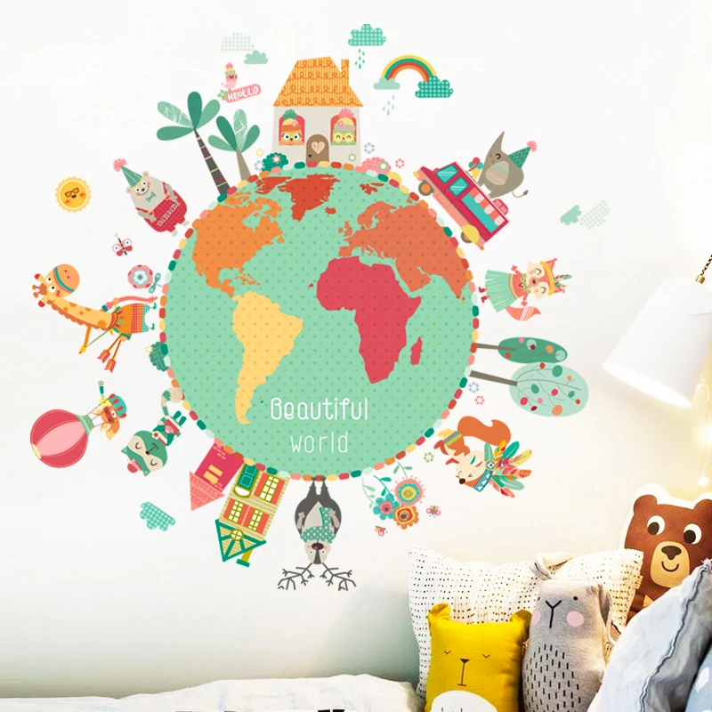 

Cartoon Earth World Wall Stickers Wallpaper Kids Childrens Living Room Decoration Home Decor Toys Bedroom Poster Self-Adhesive
