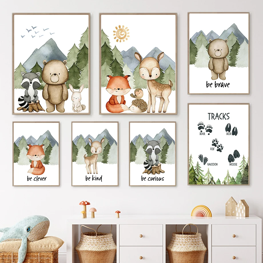 

Настенная картина с изображением медведя, лисы, оленя, енота, кролика, леса, животных, постеры и принты на холсте в скандинавском стиле, насте...